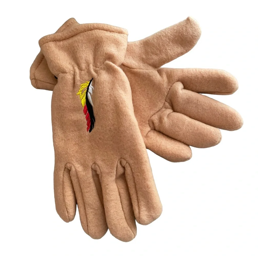 Women's Fleece Winter Gloves Lined Camel with Embroidered Feather Motif